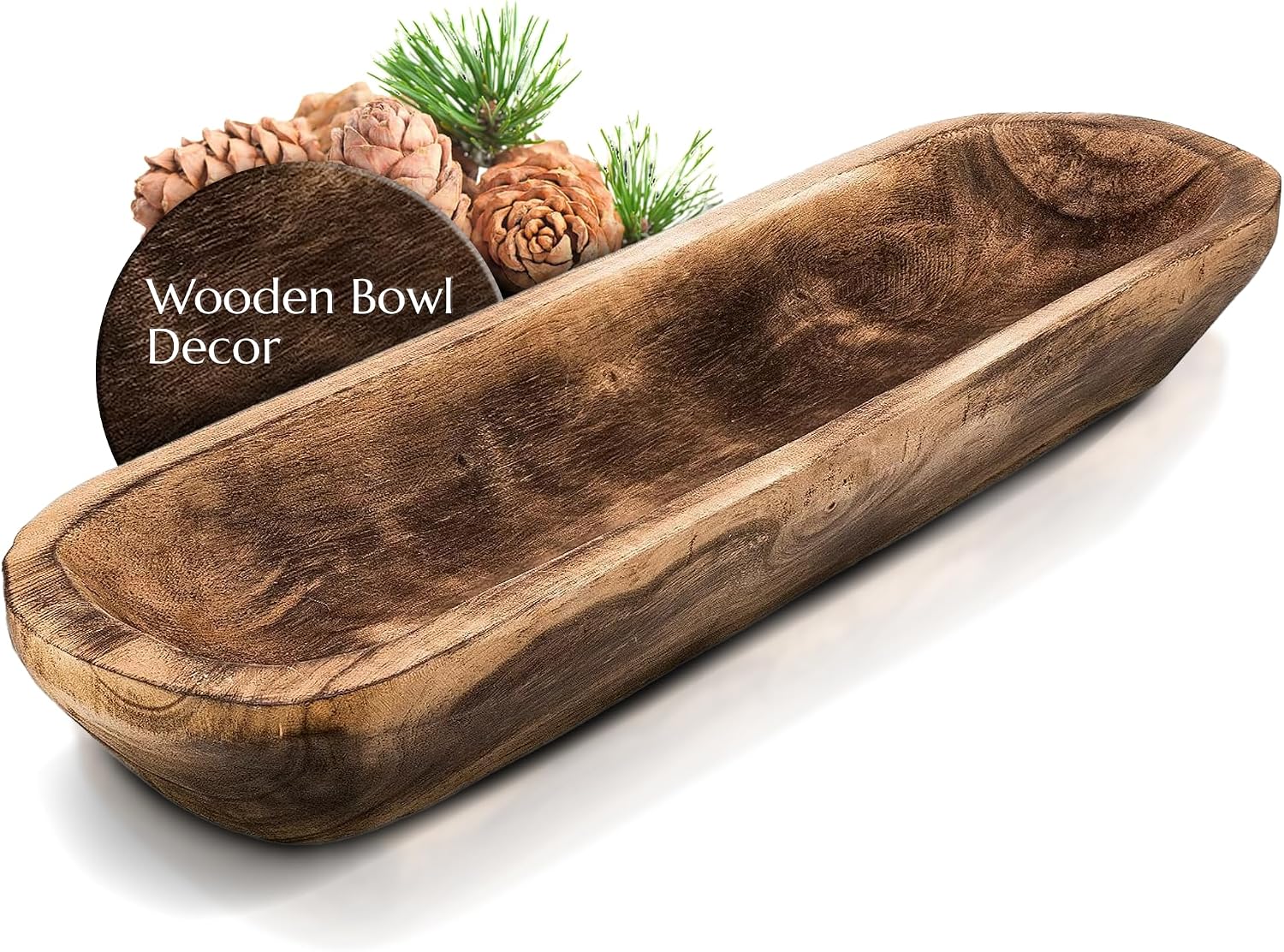 FANDOS Wooden Dough Bowl for Decor, 17¾ in Long Hand Carved Paulownia, Large Rustic Decorative Bowl