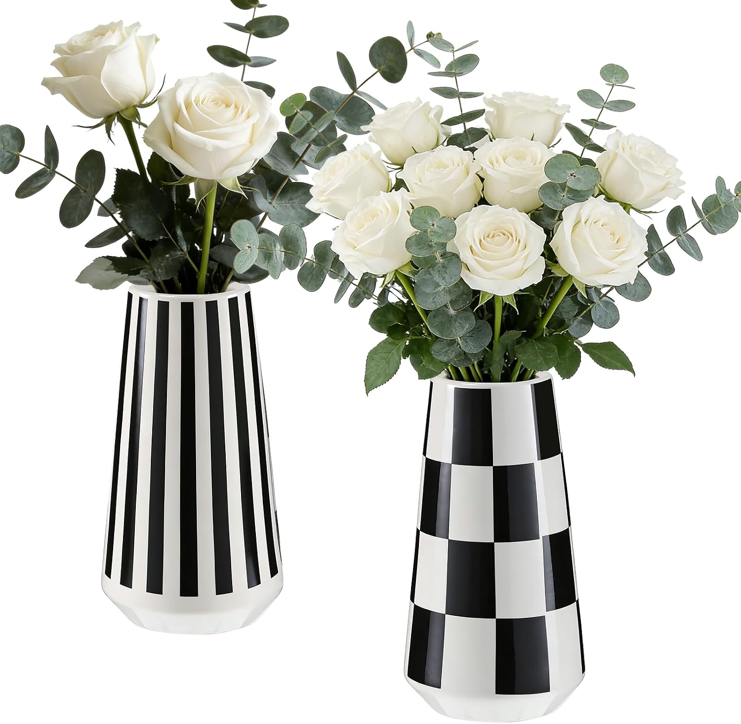 2 Pcs Black and White Ceramic Vase, Mid Century Modern Striped & Checkered Vases
