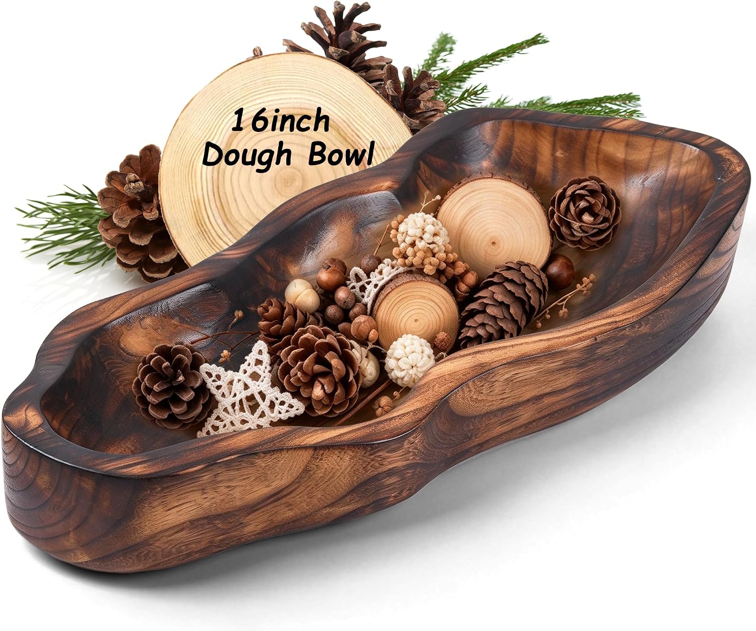 16 Inch Wavy-Edge Wooden Dough Bowl, Large Decorative Bowl for Home Decor