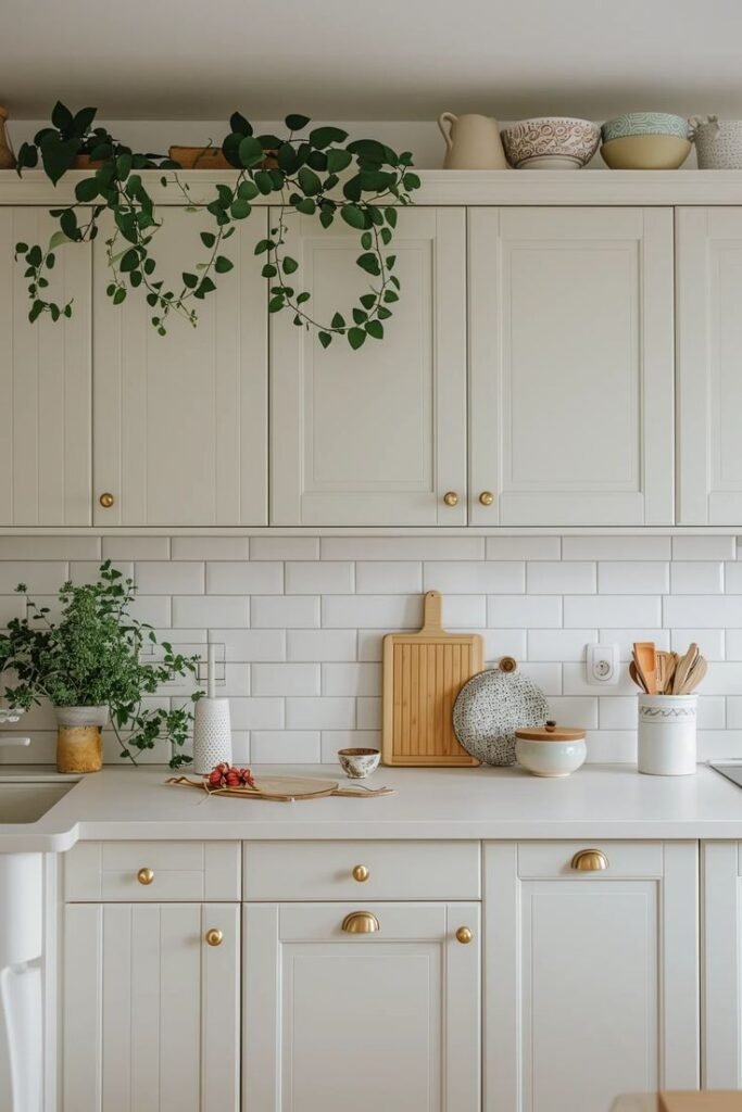 Trailing green plant and neutral ceramic pitchers and bowls arranged above cream kitchen cabinets