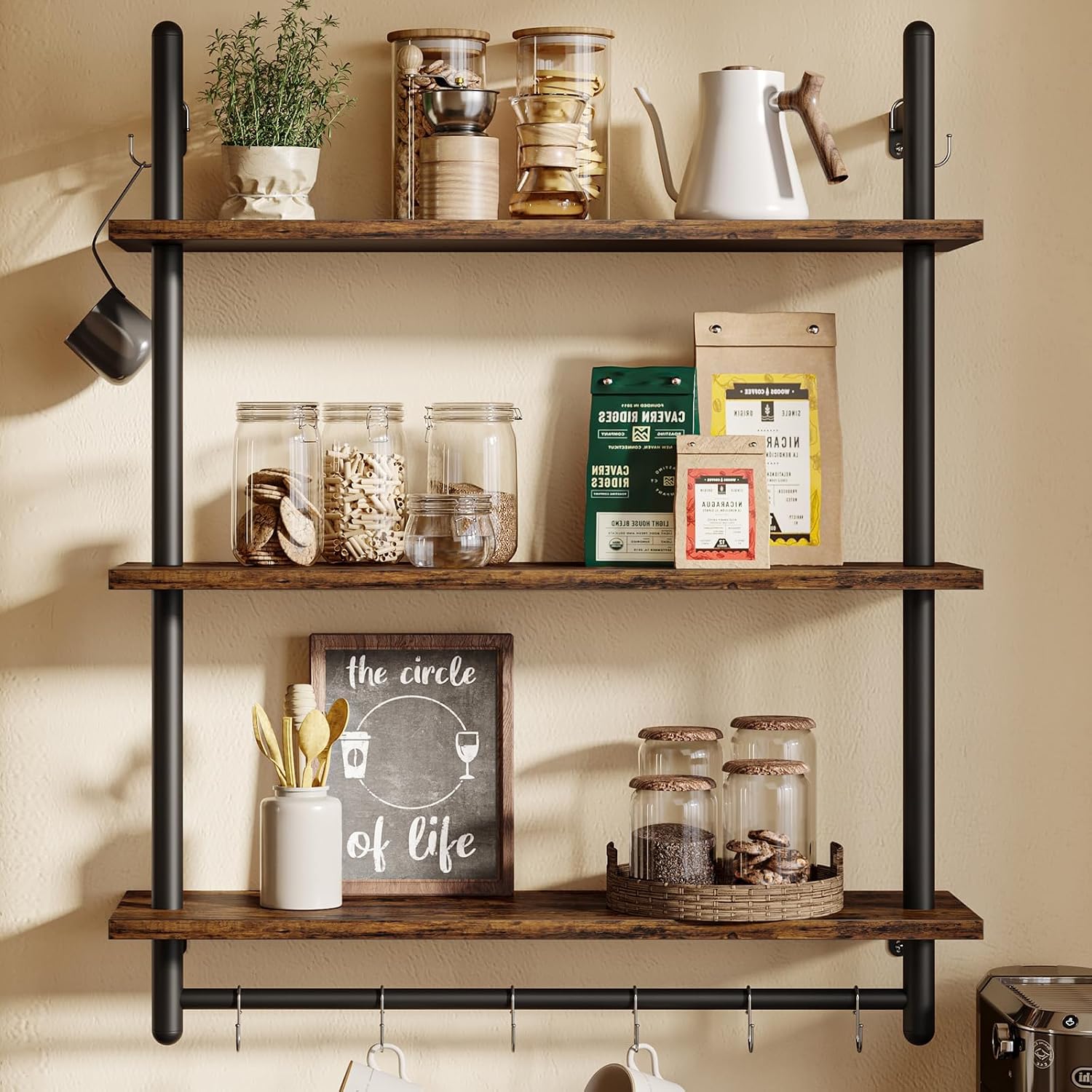 Bestier 3 Tier Industrial Pipe Shelving, Floating Book Shelves for Wall