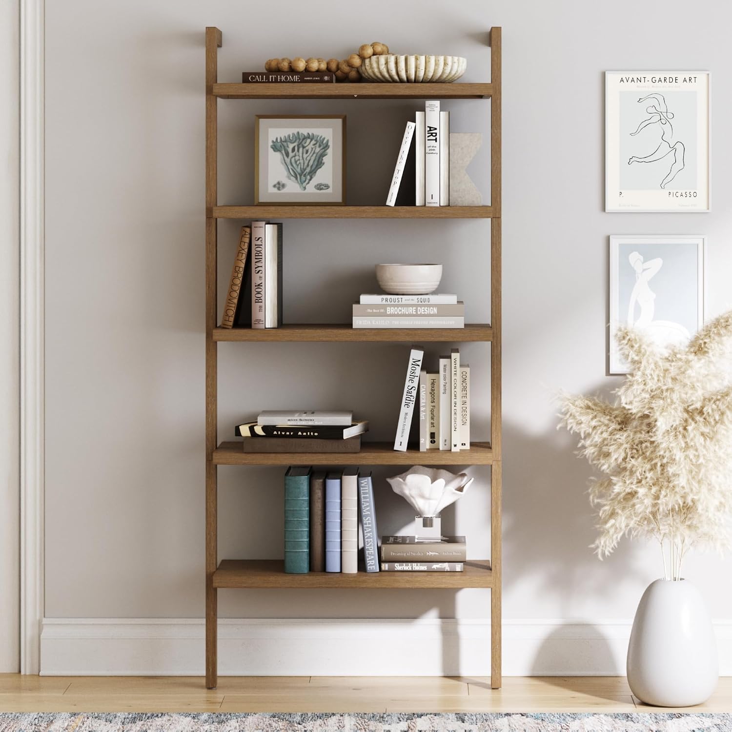 Nathan James Beacon 5 Tier Bookshelf, Wall Mounted Bookcase, Solid Wood