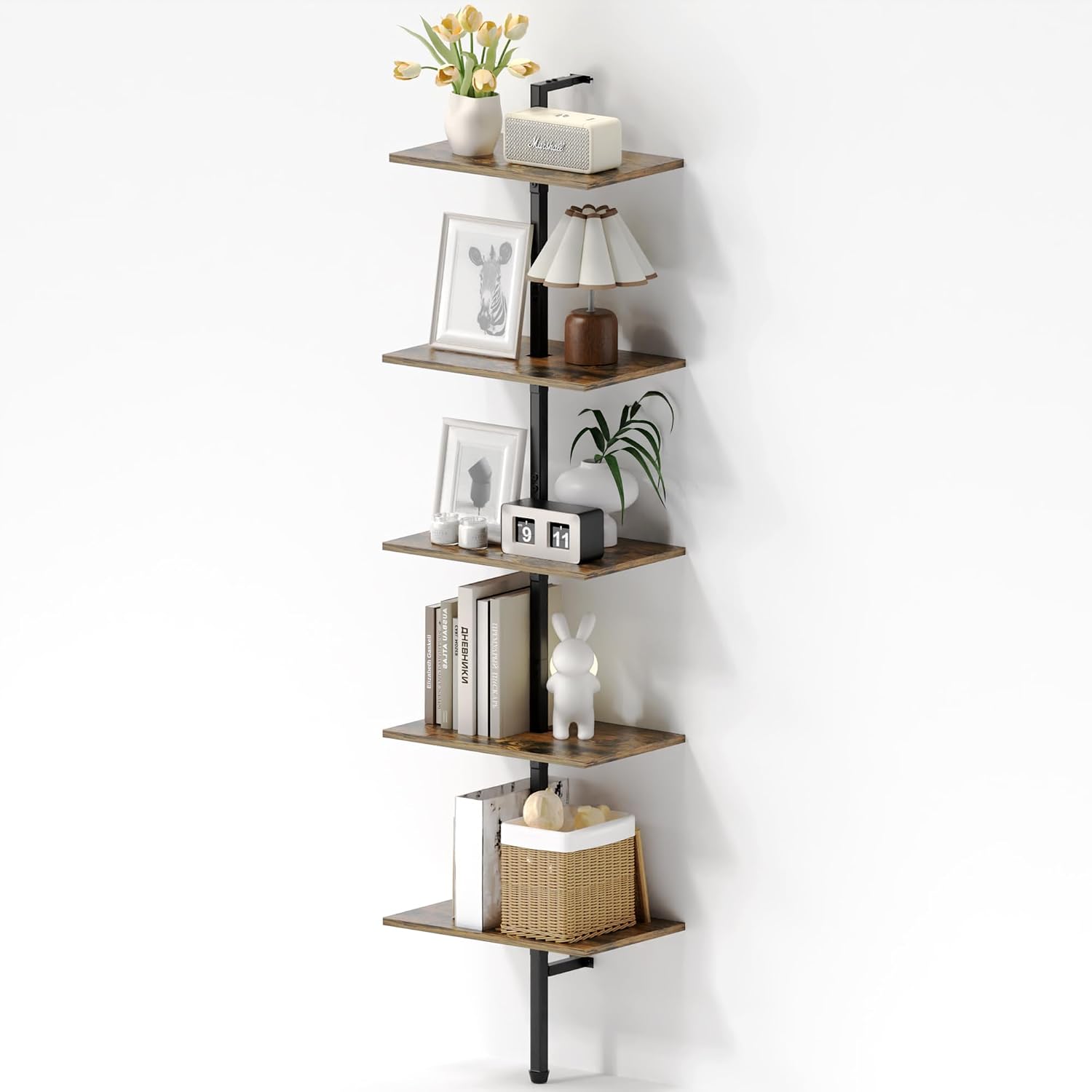 Ladder Shelf, 5-Tier Wooden Wall-Mounted Bookshelf with Metal Frame