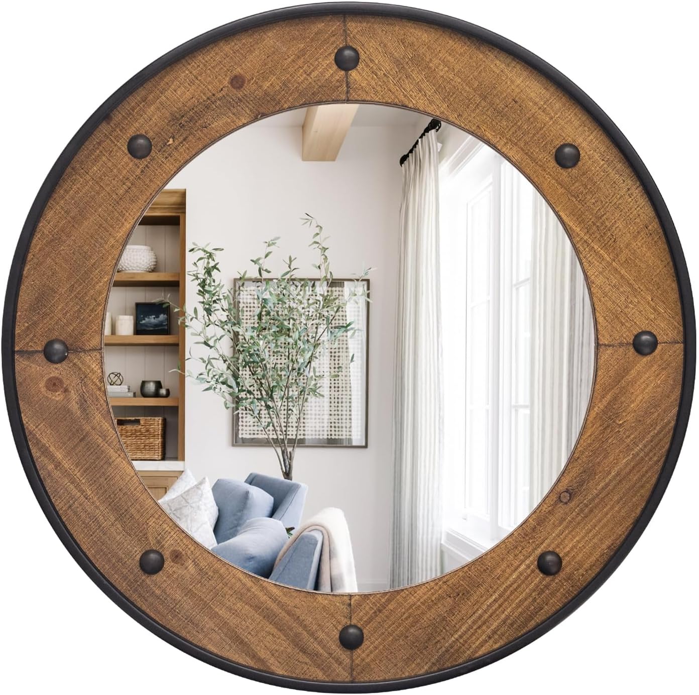 Rustic Round Wall Mirror 30 Inch, Natural Wood Frame with Black Metal Trim