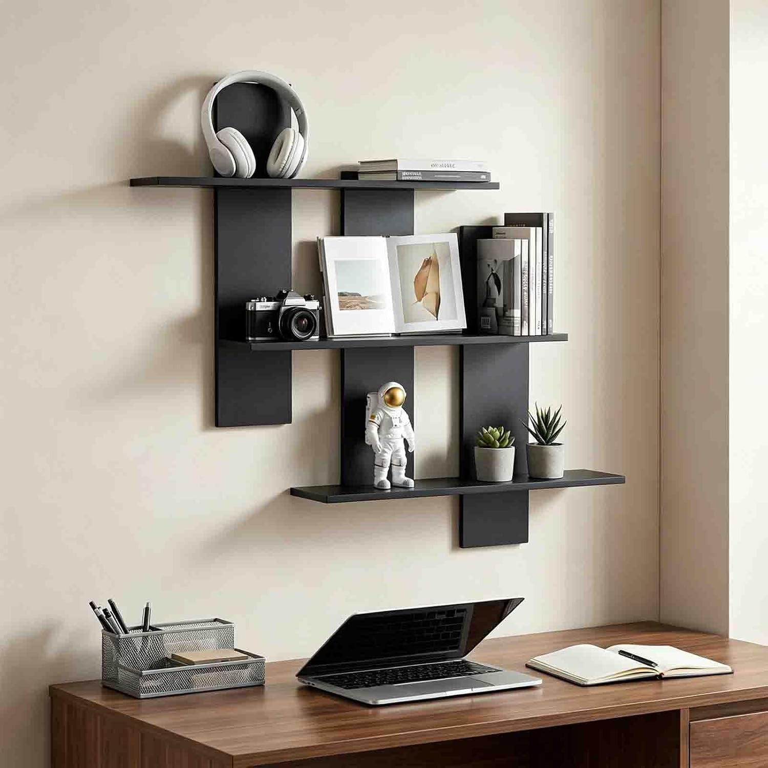 3 Tier Wall Shelf, Decorative Floating Shelves for Wall Decor, Modern, Black