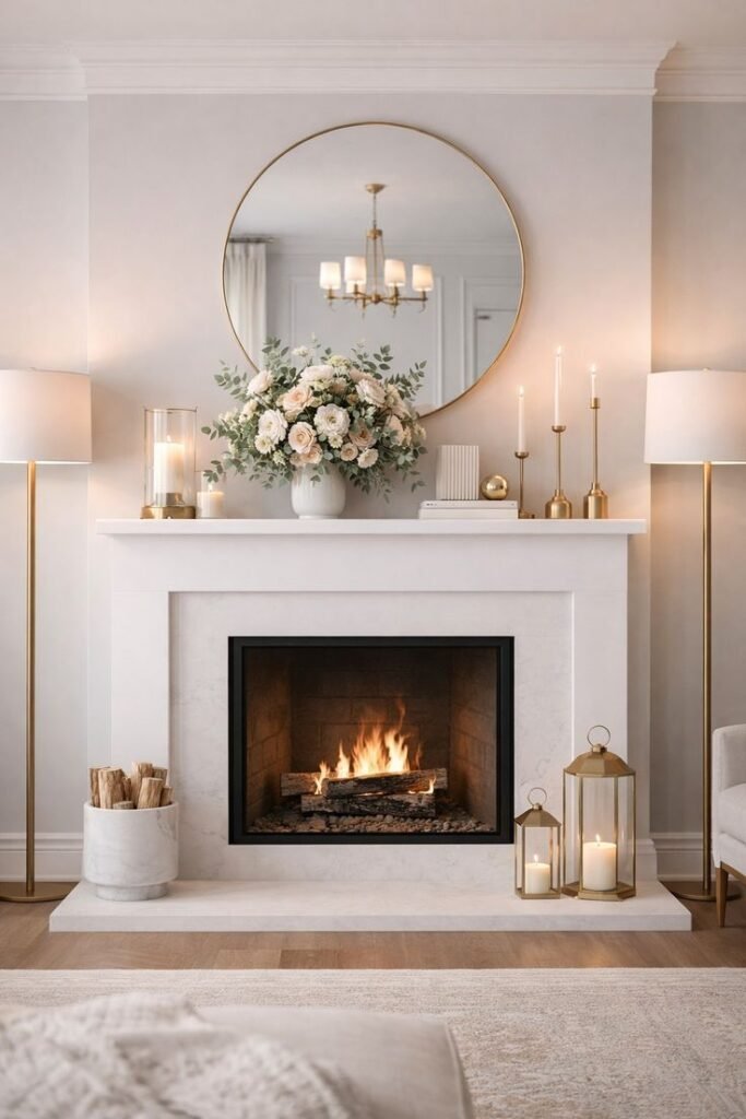 Layered mantel decor with varied heights and depths for visual interest