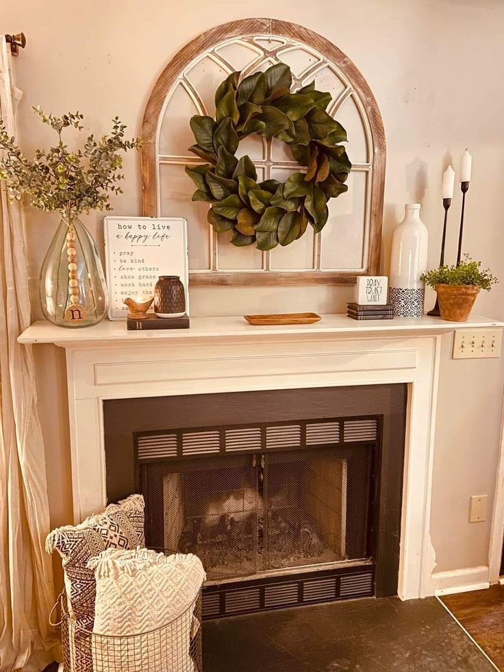 Mixed material styling combining wood, metal and stone above a fireplace