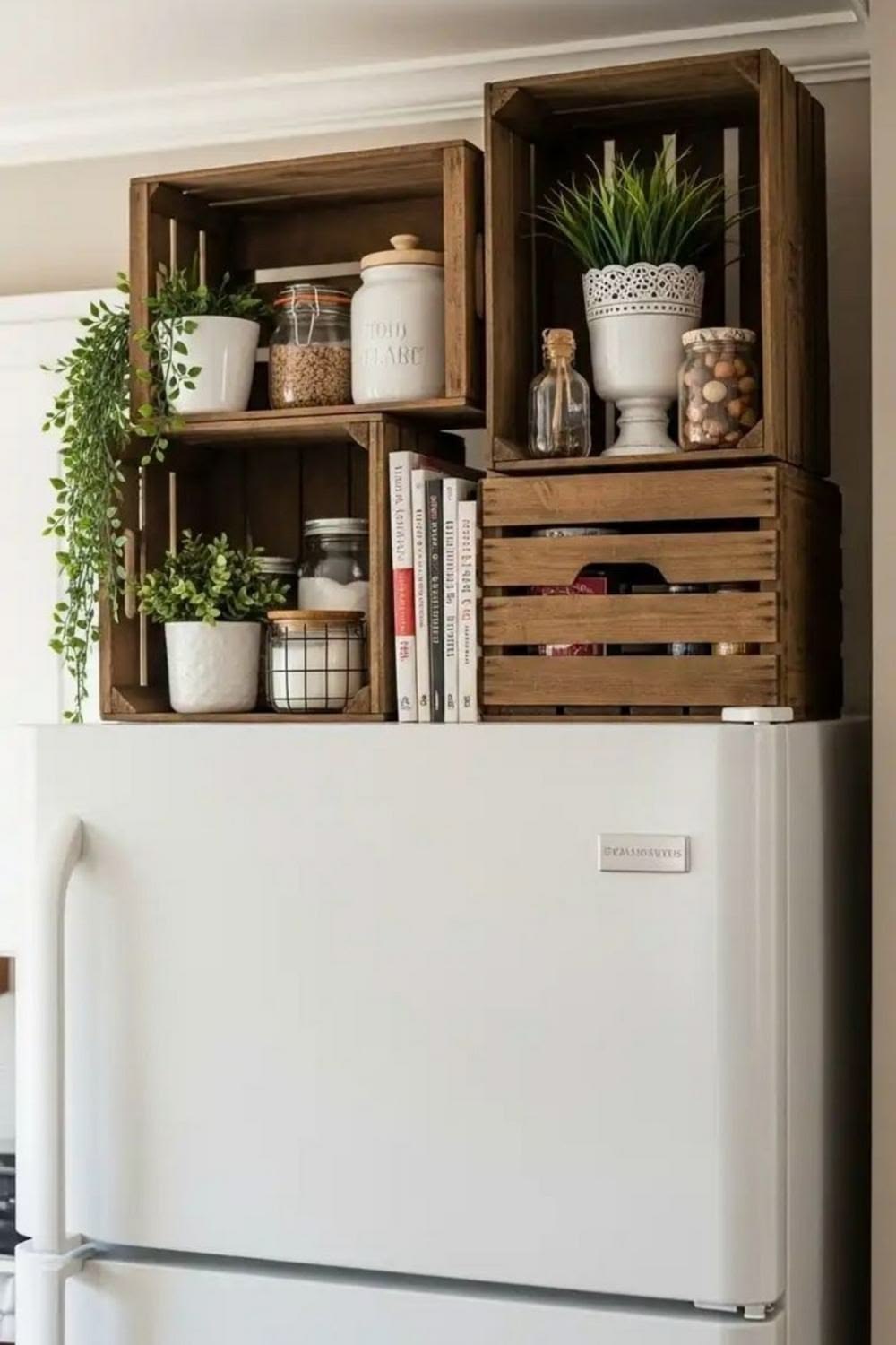 Stacked wooden crates used as storage above a refrigerator, holding cookbooks, jars and potted plants