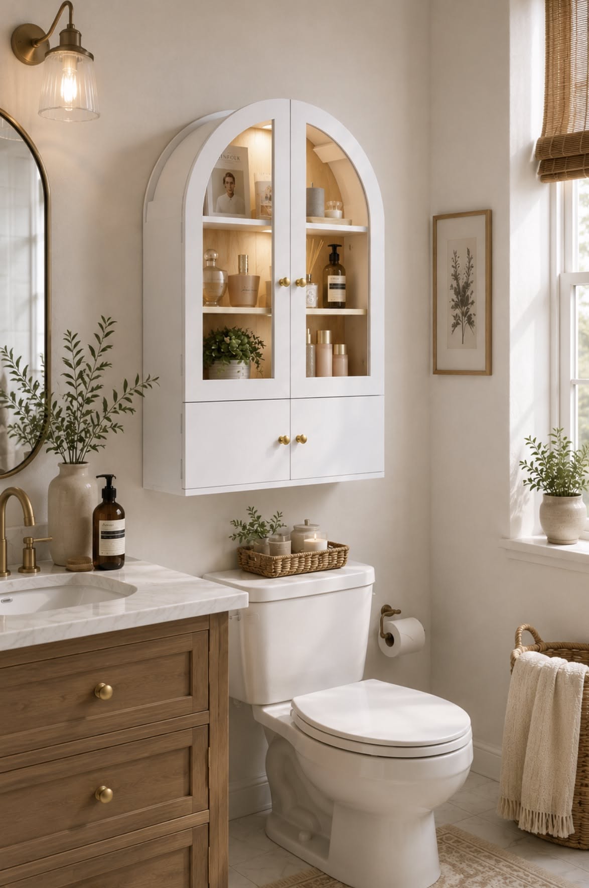 White arched wall cabinet with glass doors and brass hardware above a toilet, styled with a trailing plant on top