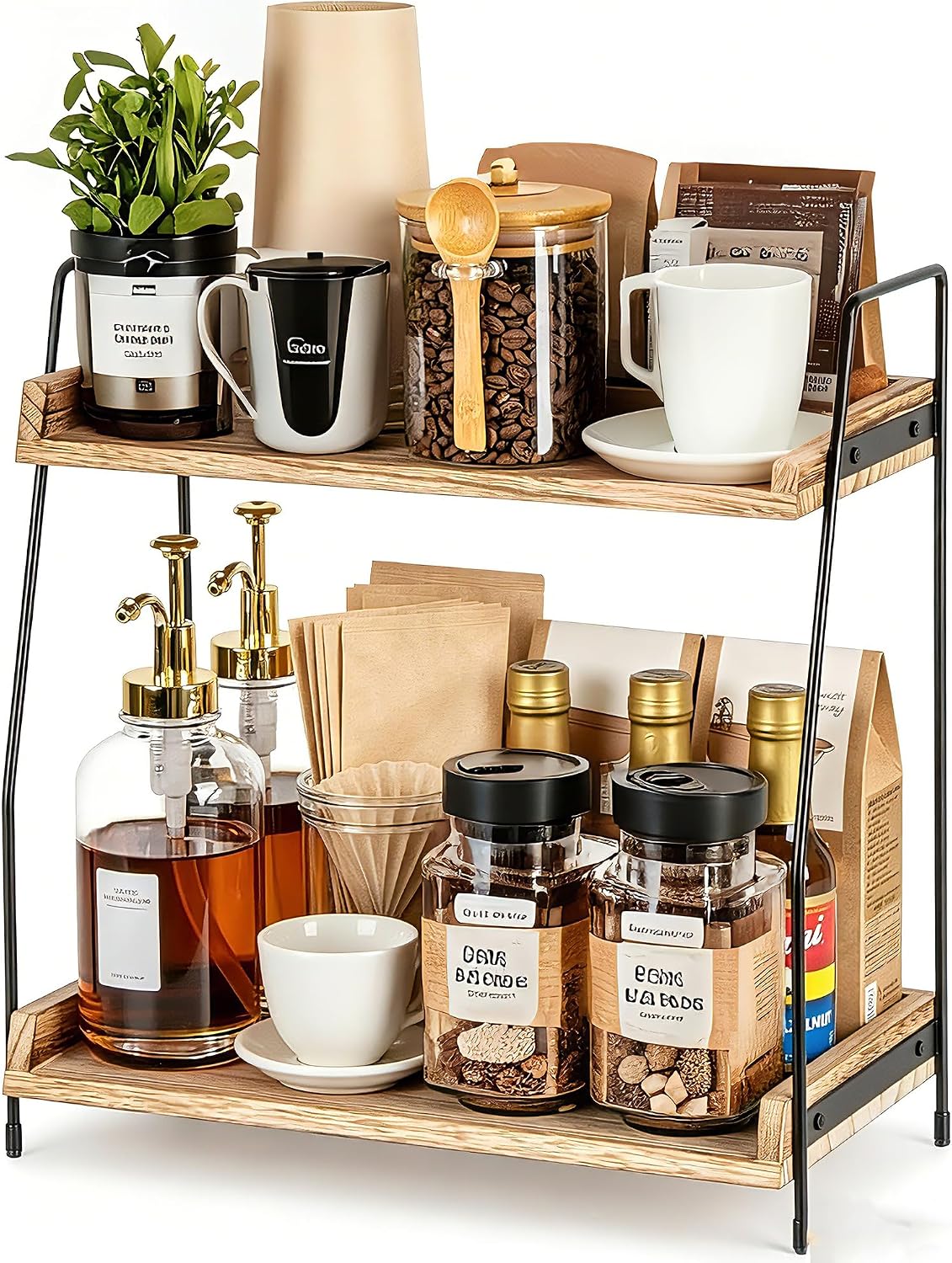QUALLON Coffee Bar Accessories and Organizer, 2 Tier Wood Coffee Tray