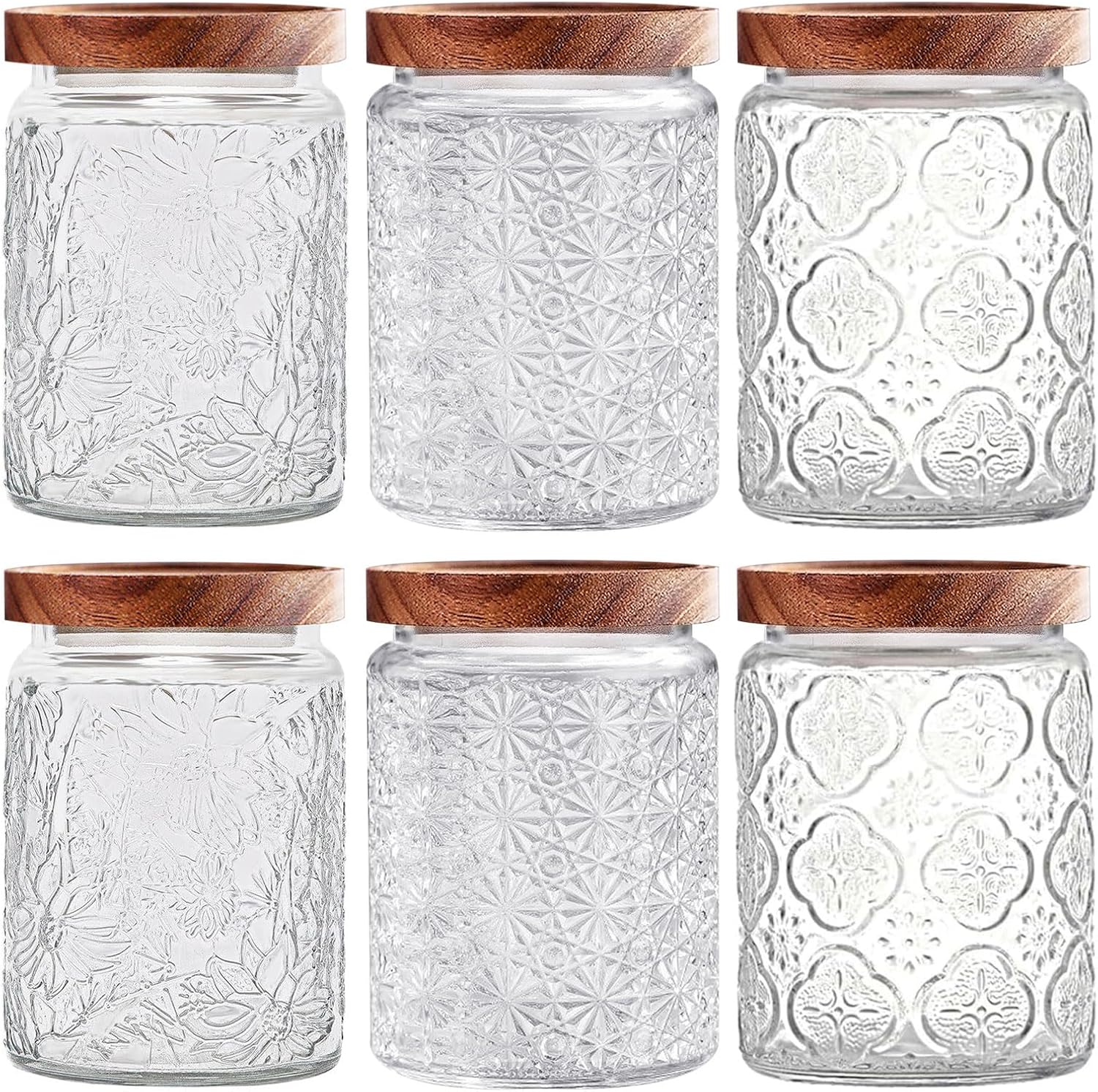 Vintage Glass Jars with Wooden Lids, 6 Pack, 24 oz Airtight Storage