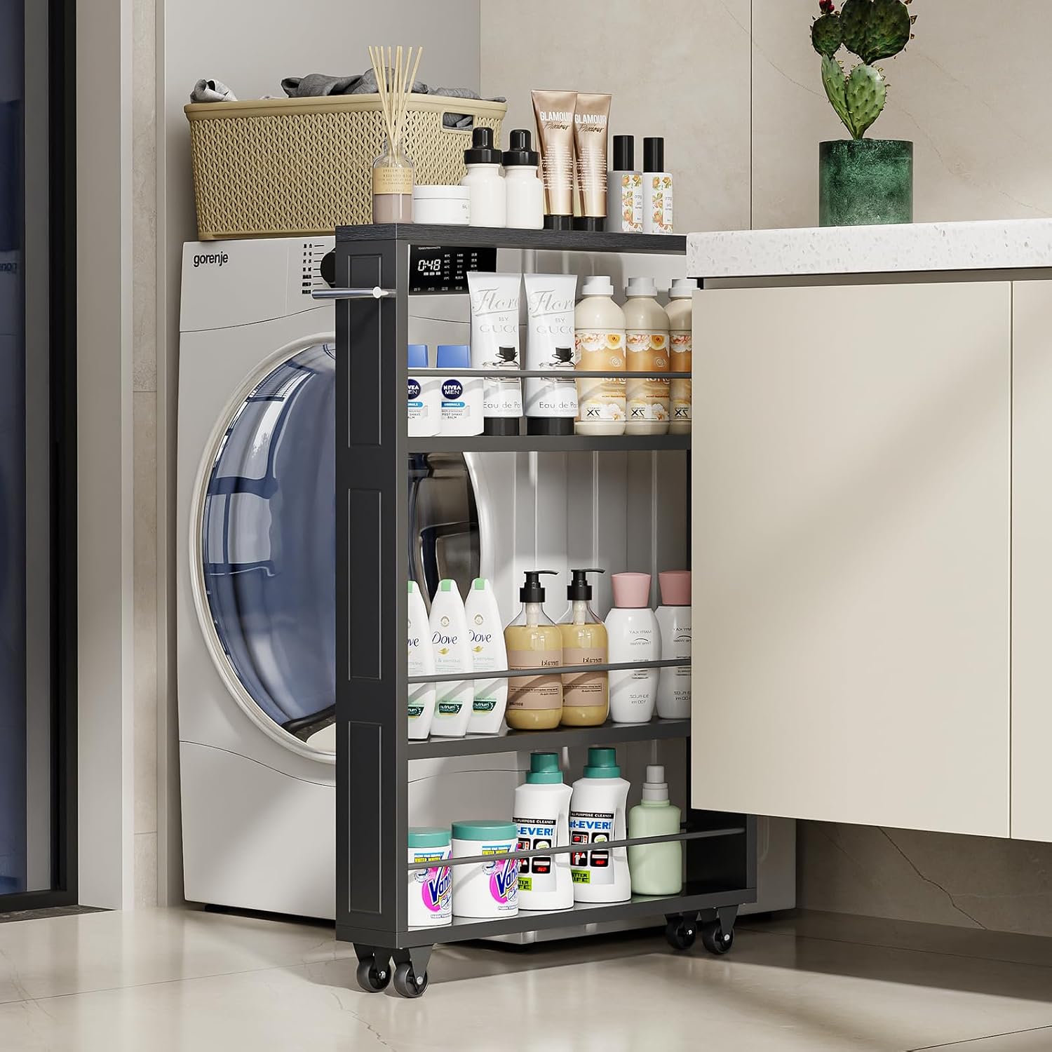 KLM Rolling Storage Cart, 4-Tier Black Kitchen Cart with Wheels, Slim