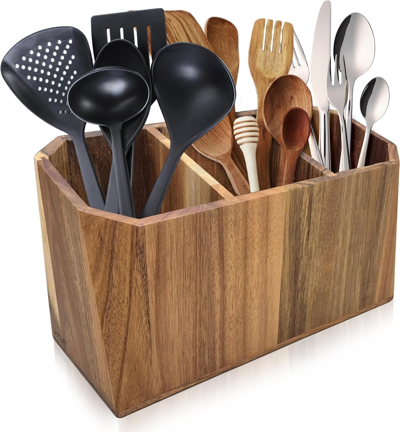 Large Kitchen Utensil Holder, Acacia Wood, 3 Compartments, Farmhouse Caddy