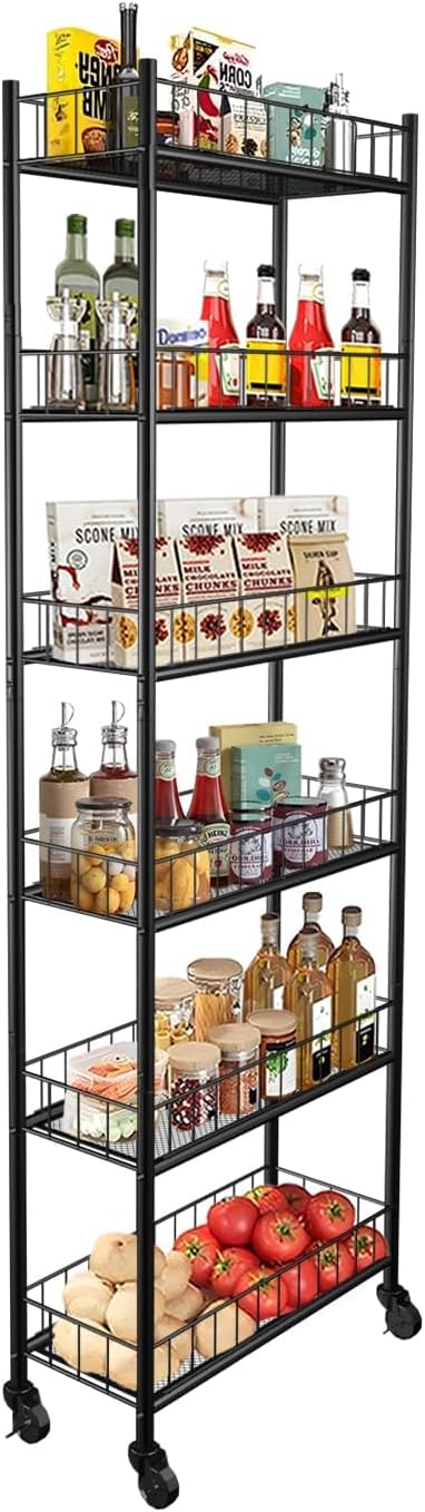 Utility Slim Storage Cart, 6 Tier Narrow Metal Frame Cart