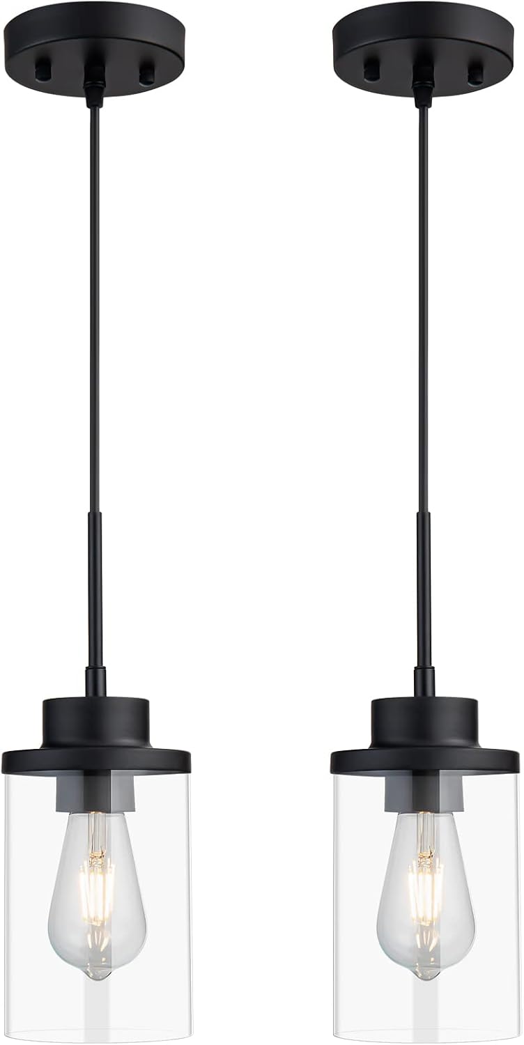 Black Pendant Light, Clear Glass Cylinder, Modern Hanging Lights, 2 Pack