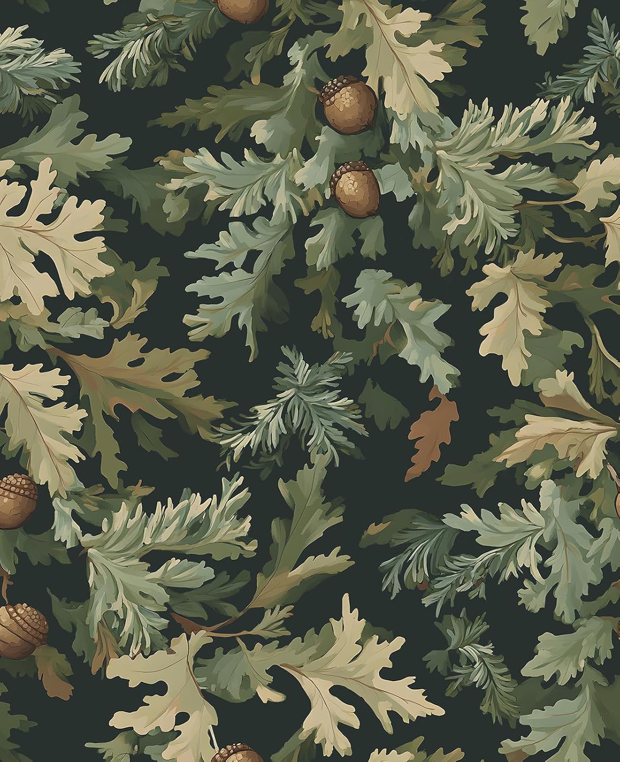 Dark Green Oak Leaves Acorns Peel and Stick Wallpaper