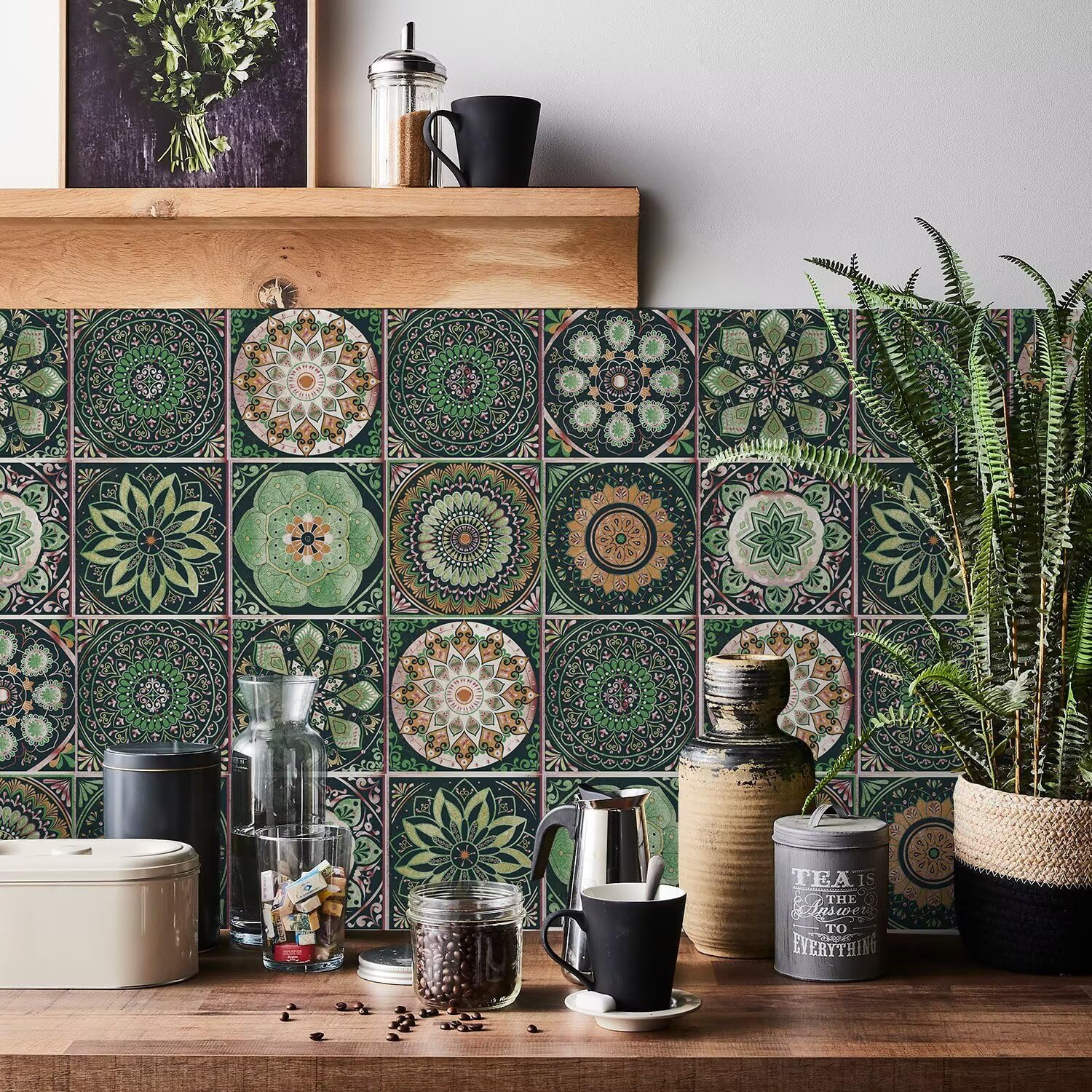 24 PCS Moroccan Boho Mandala Wall Tile Stickers, Peel and Stick, 6x6 Inch