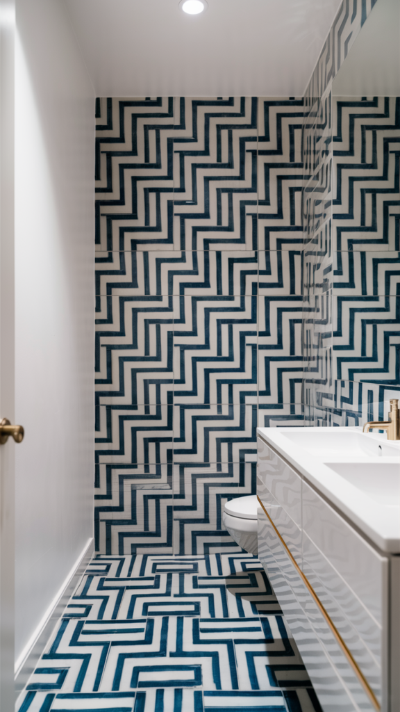 Bold navy and white zigzag patterned tile covering the walls and floor of a small bathroom with a white toilet and vanity