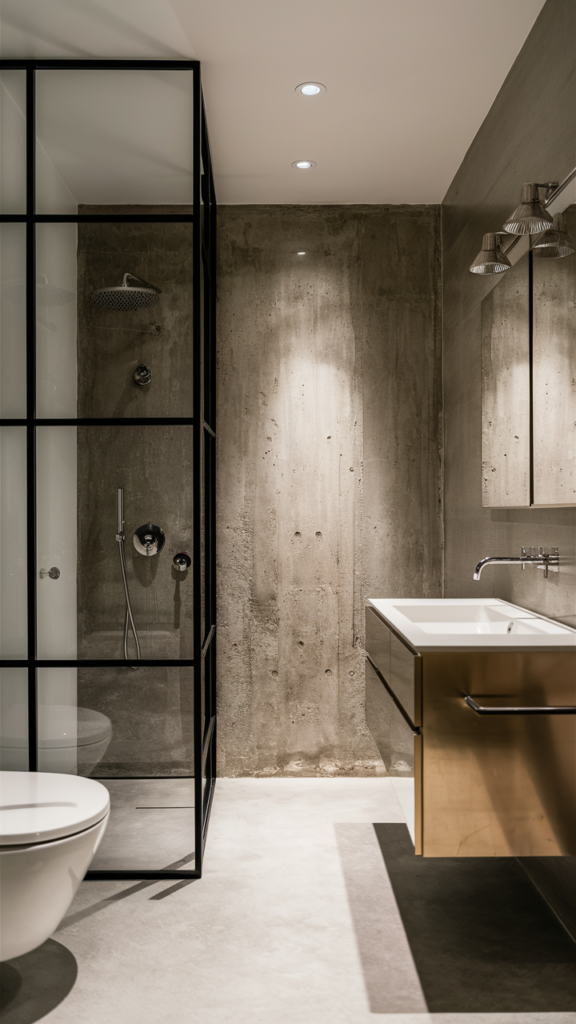 Raw concrete accent wall in a minimalist bathroom with a glass-enclosed shower, brushed brass vanity and floor tile