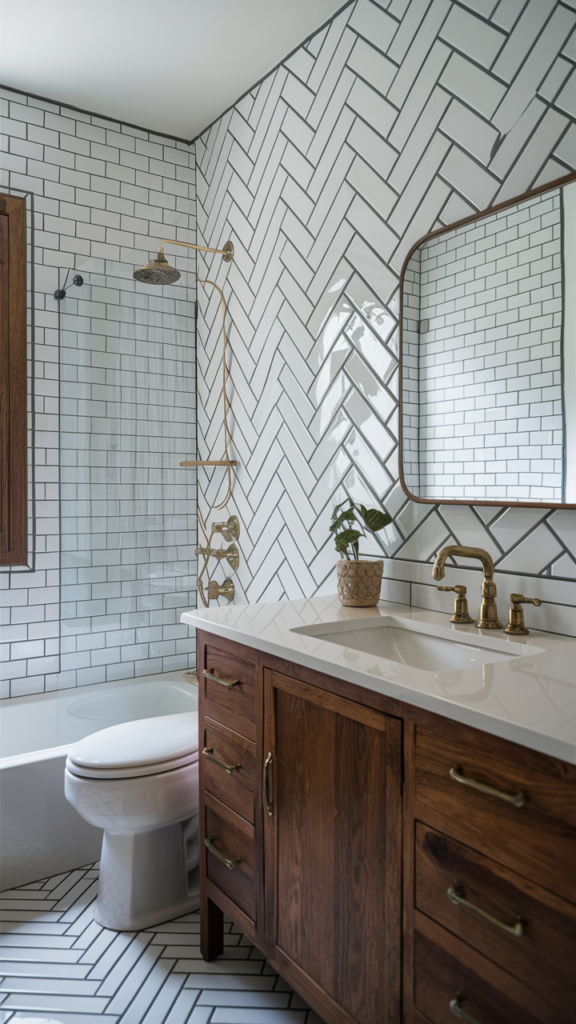 White herringbone subway tile accent wall in a bathroom with a matching herringbone tile floor, wood vanity and brass fixtures