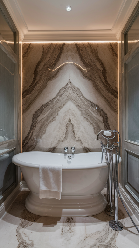 Luxurious bathroom with a dramatic veined marble accent wall behind a freestanding soaking tub and chrome floor-mount faucet