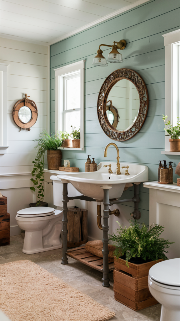Sage green shiplap accent wall in a bathroom with a round antique mirror, brass sconce and potted plants beside a pedestal sink