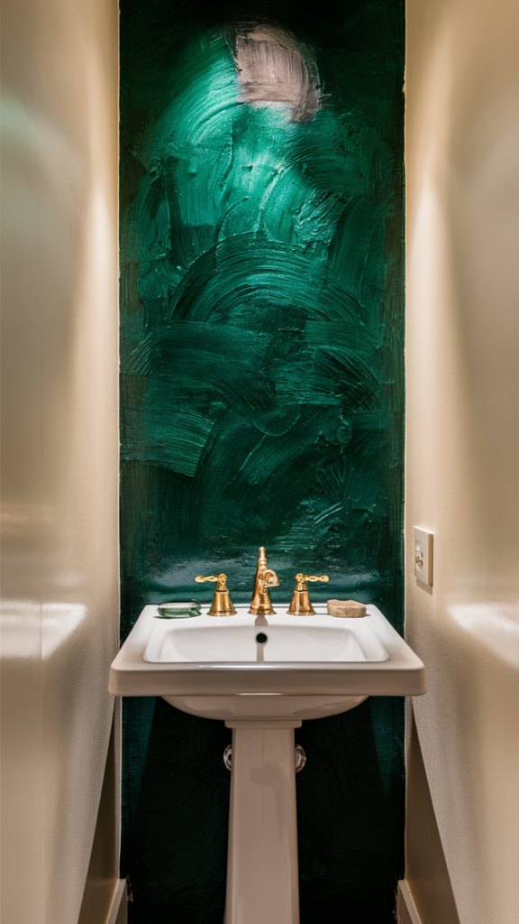 Small bathroom with a textured brushed emerald green painted accent wall behind a white pedestal sink with brass fixtures