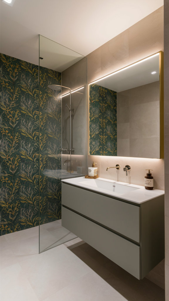 Dark green and gold botanical patterned wallpaper accent wall in a walk-in shower with a backlit mirror and floating vanity