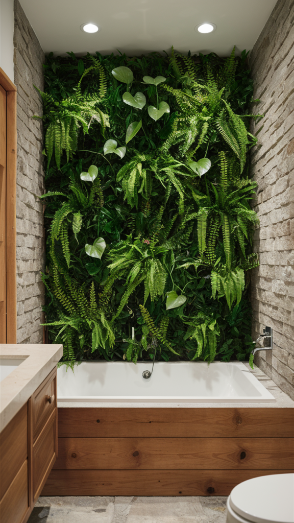 Lush vertical garden wall of ferns and greenery above a wood-clad bathtub, framed by rough stone walls