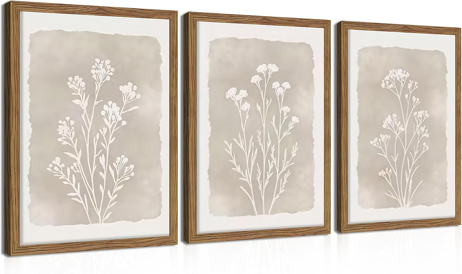 Framed Boho Botanical Flower Wall Art, Set of 3, Minimalist Neutral Floral