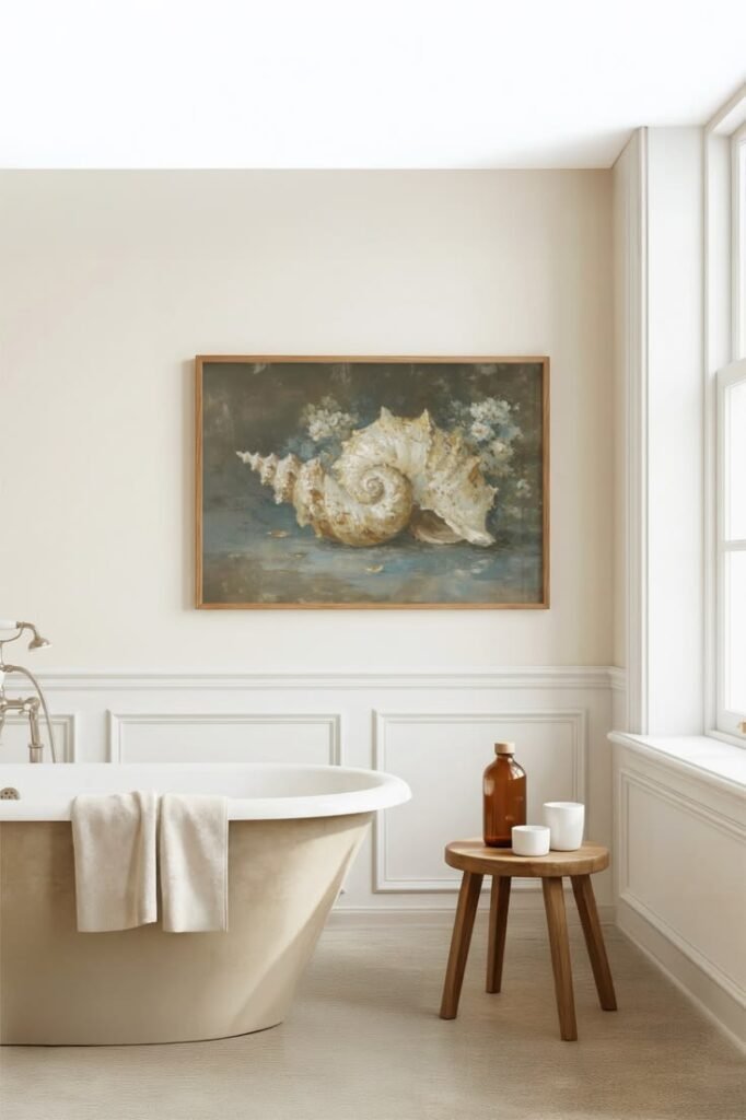 Wall art selected to match bathroom tile and fixtures