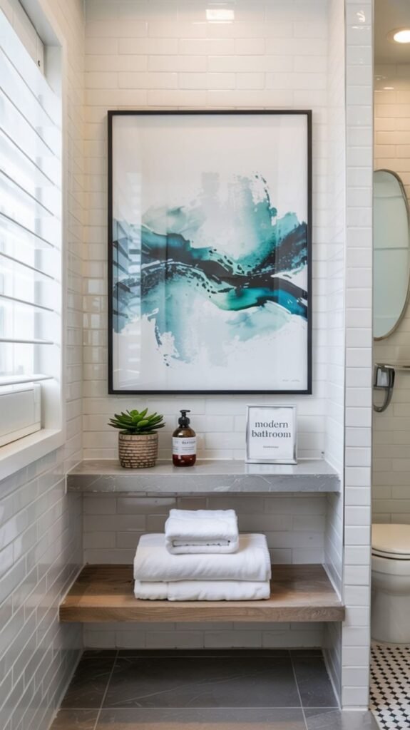 Oversized abstract art elevating a bathroom's visual presence