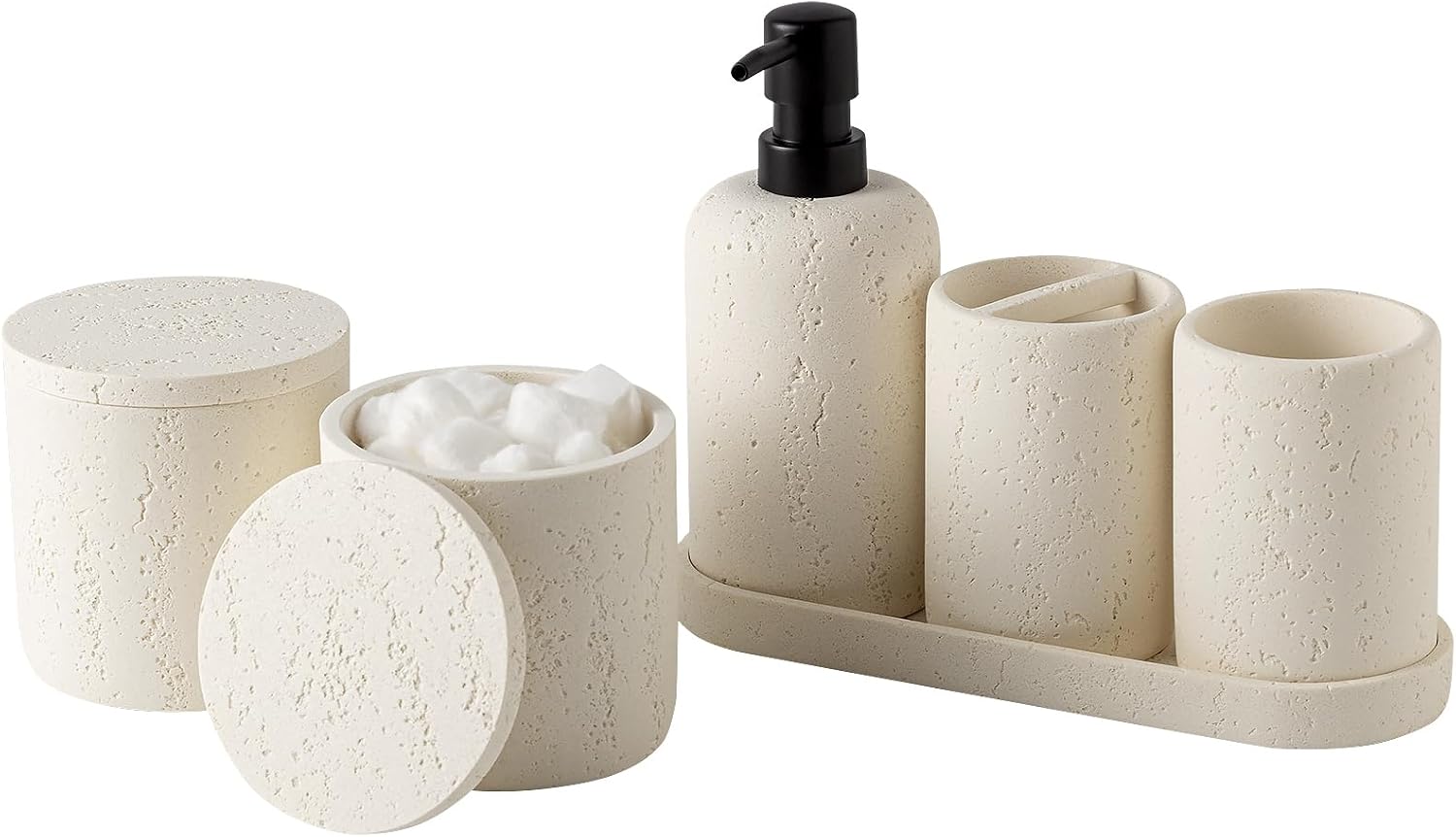 Bathroom Accessories Set, 6 PCS Travertine Stone Look Collection, Cream