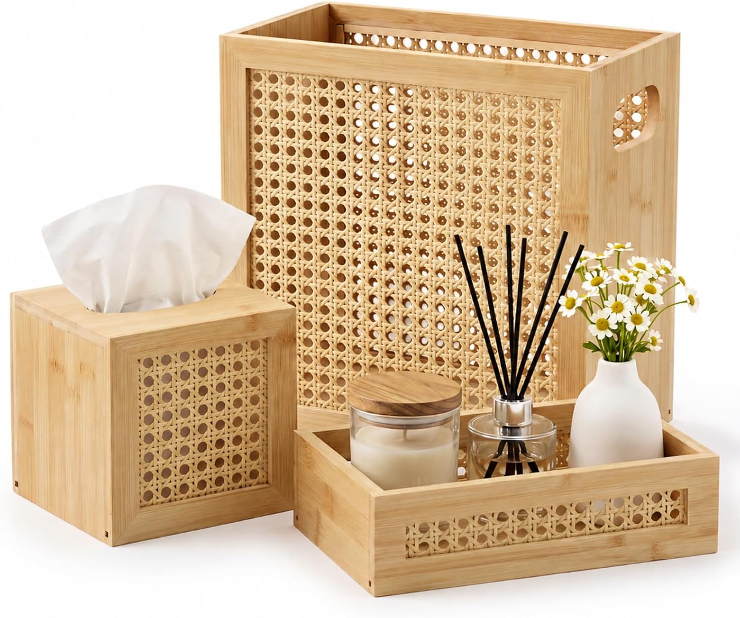 3 Pcs Wicker Bathroom Accessories Set, Rattan Trash Can, Tissue Box & Tray