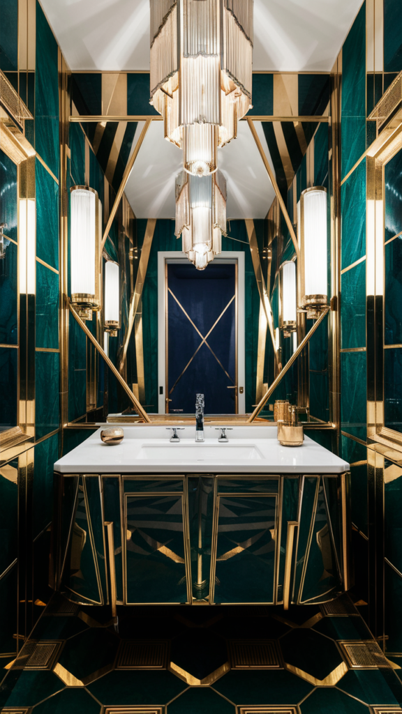 Opulent Art Deco bathroom with jewel tones and geometric gold accents