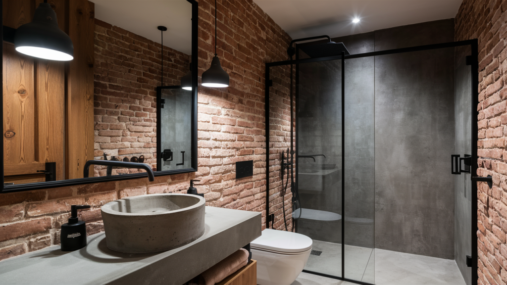 Modern industrial bathroom with exposed concrete, steel accents and brick walls