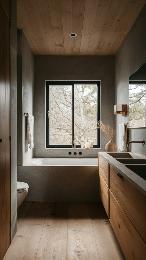 Serene Japandi-style bathroom with muted tones and light wood finishes