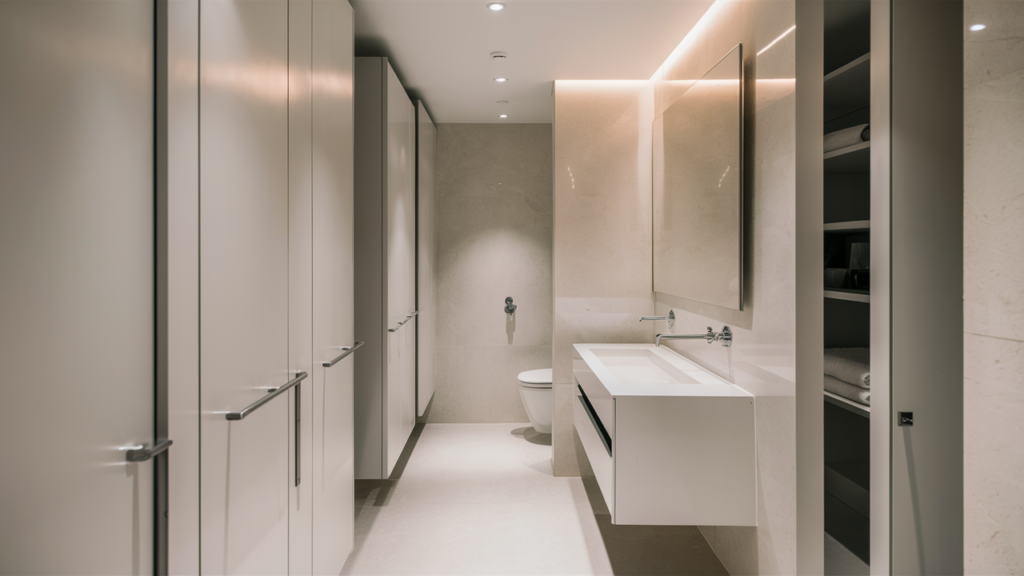 Minimalist bathroom with clean lines, soft neutrals and hidden storage