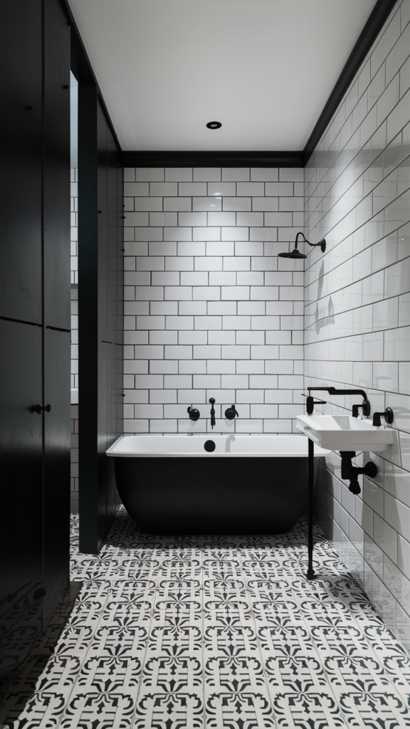 Striking black and white monochrome bathroom with contrasting textures
