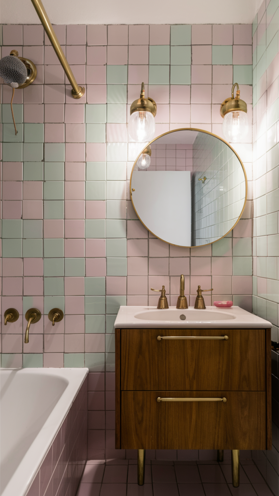 Retro-inspired bathroom with pastel tile and mid-century globe lighting