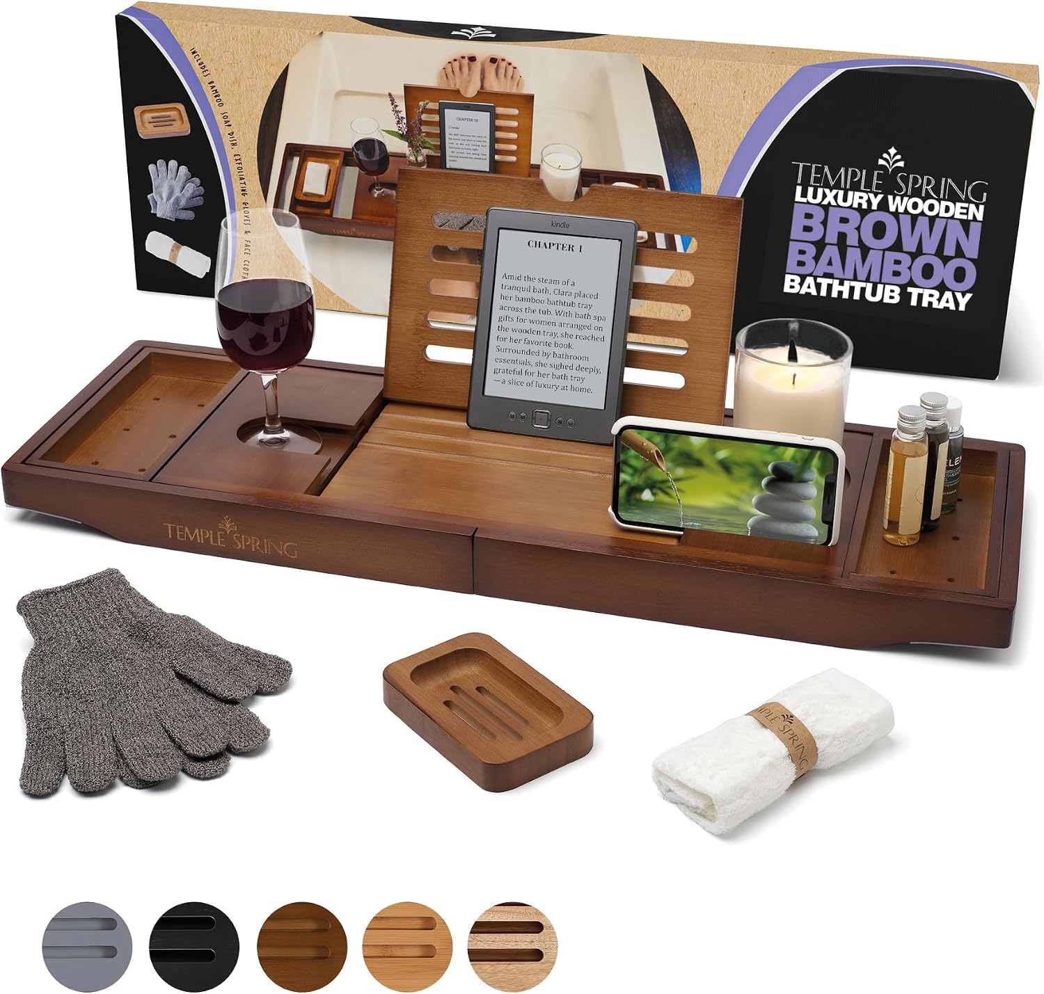 Temple Spring Bamboo Bathtub Tray Caddy, Expandable, Luxury Spa Gift Set