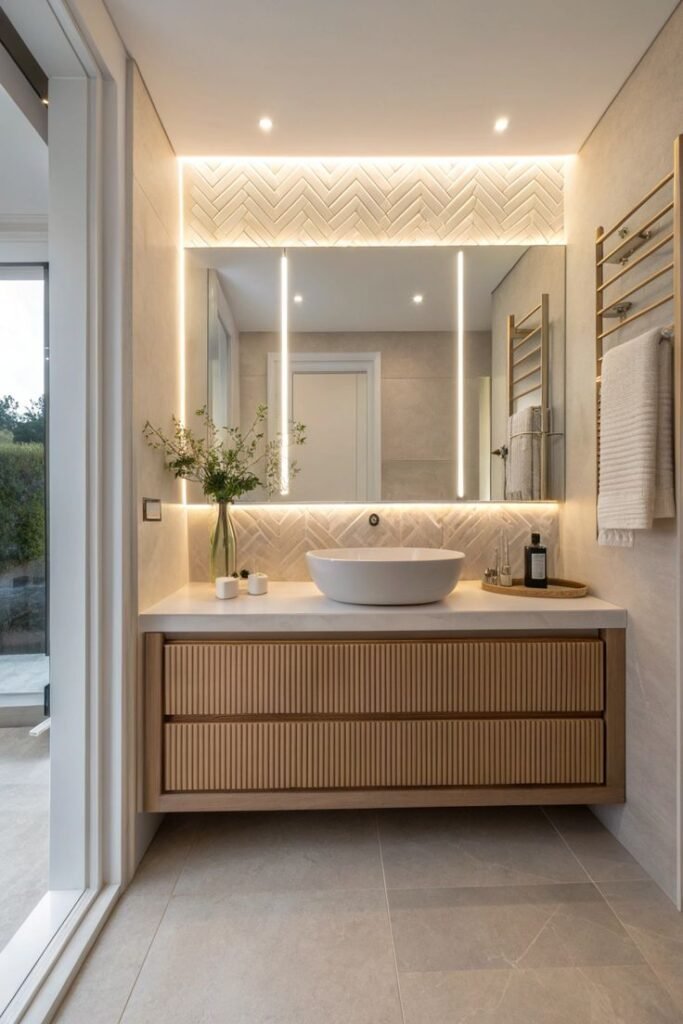 Floating bathroom vanity with open space underneath and a woven storage basket