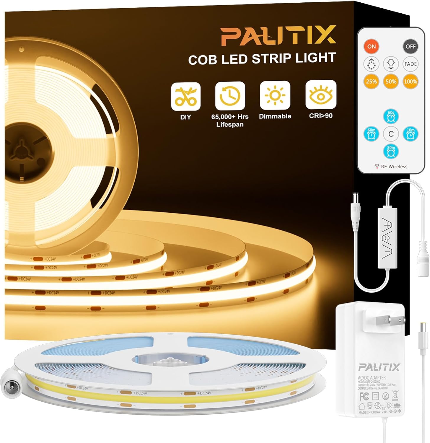 PAUTIX COB LED Strip Light, 16.4ft, Warm White 2700K, Dimmable, RF Remote