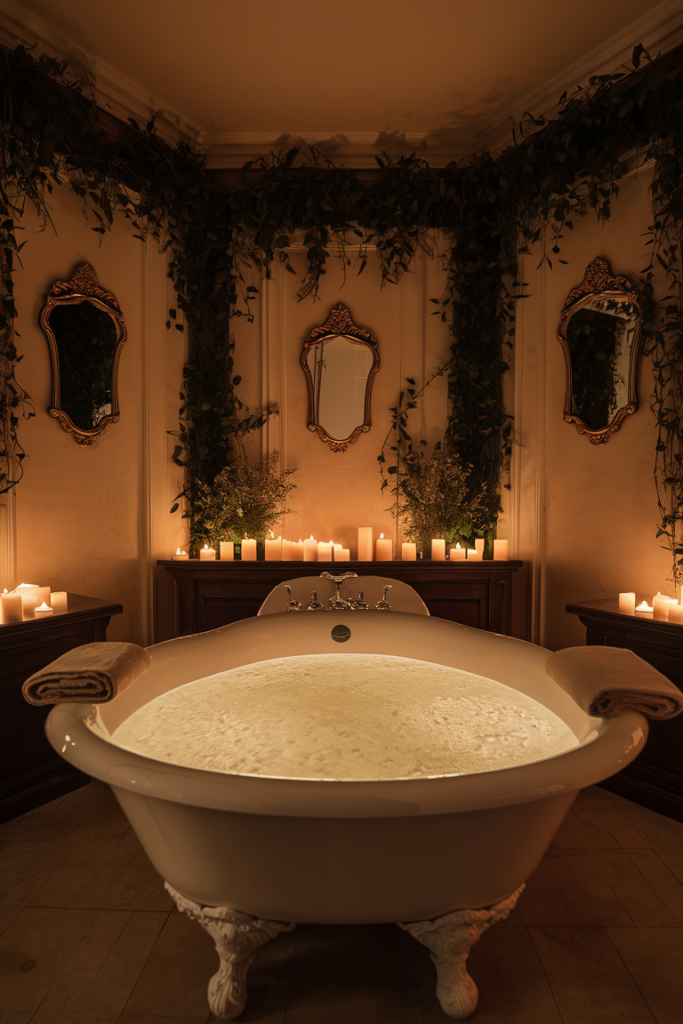 Serene spa-style bathroom with warm candlelight ambiance