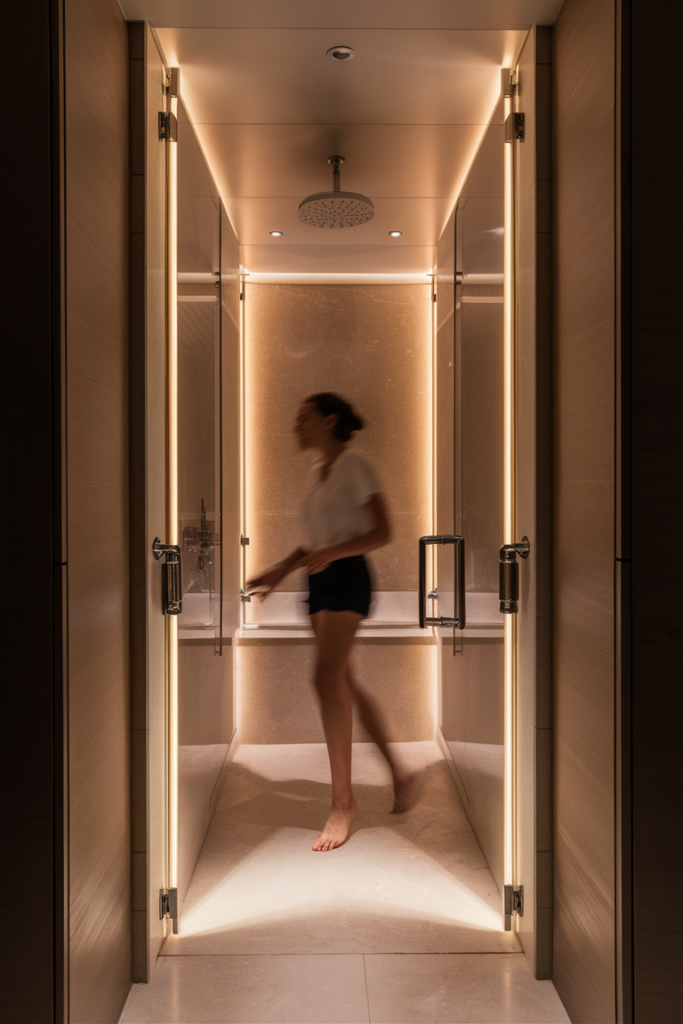 Sleek contemporary bathroom with convenient motion sensor lighting