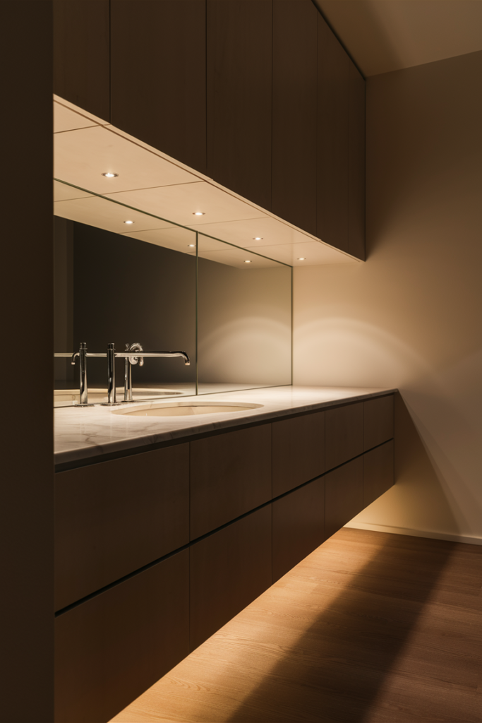 Modern bathroom featuring soft under-cabinet lighting