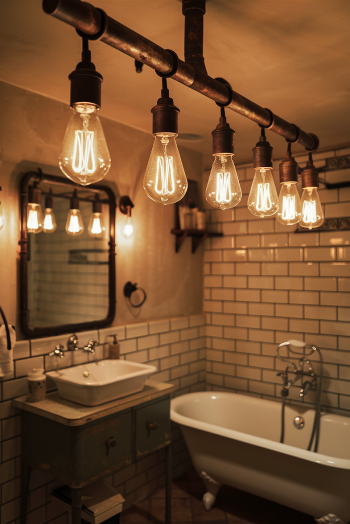 Cozy inviting bathroom with vintage exposed bulb lighting
