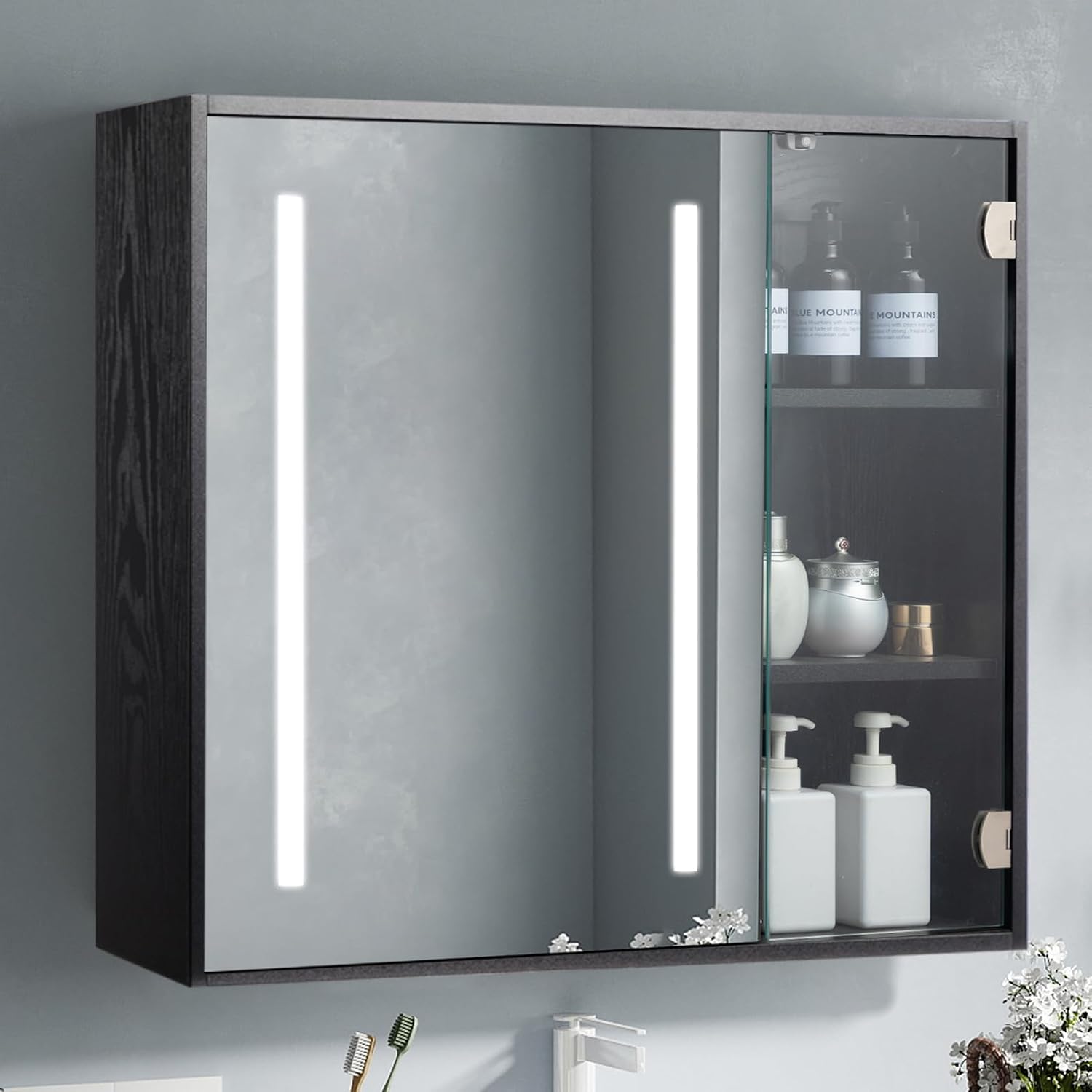 ALIMORDEN Medicine Cabinet with LED Lighted, Bathroom Wall Cabinet with Glass Door