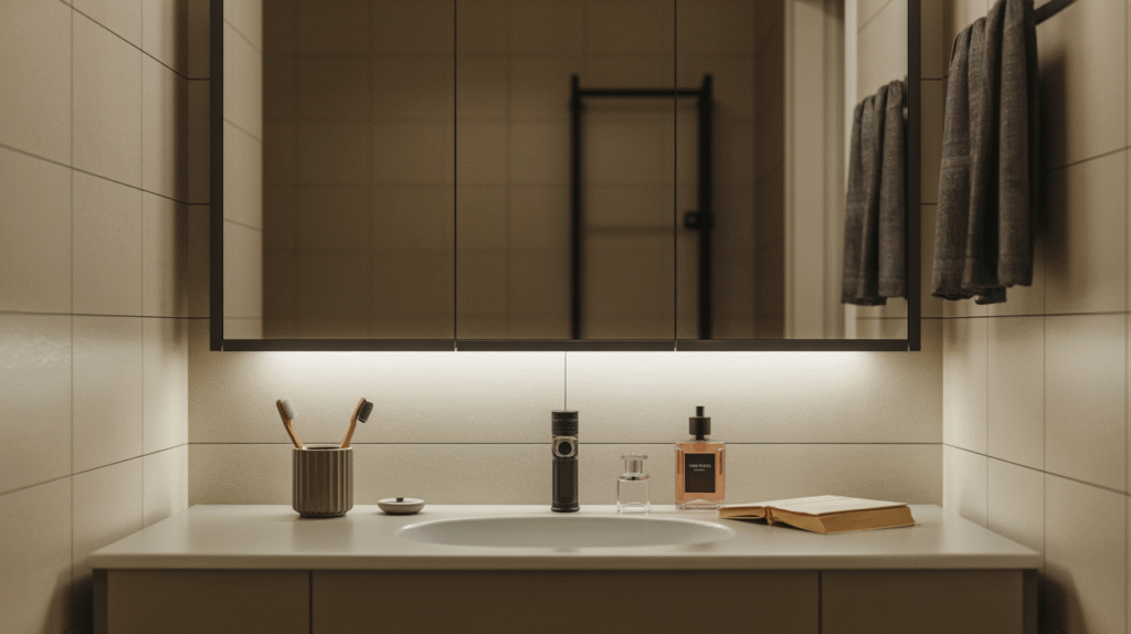 Thoughtfully styled mirror cabinet elevating the bathroom's design