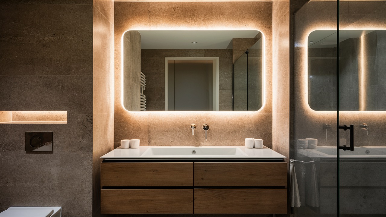 Backlit rectangular bathroom mirror above a wood vanity
